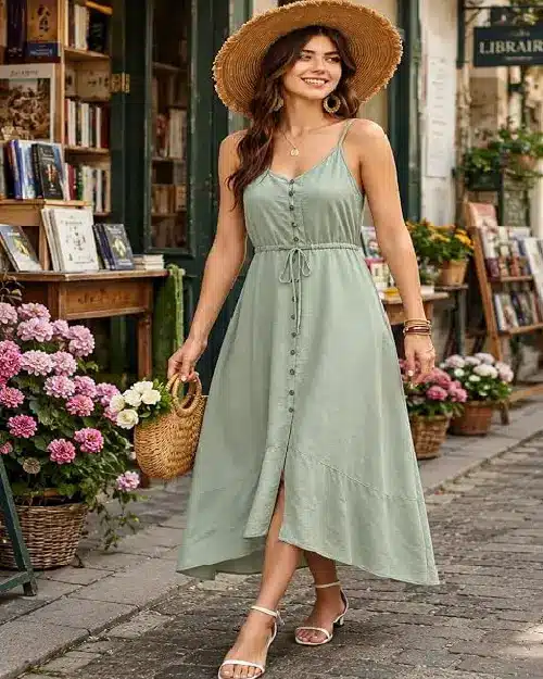 Model in a sunlit outdoor setting wearing a straw hat and a sage green button-front A-line maxi dress with a drawstring waist.