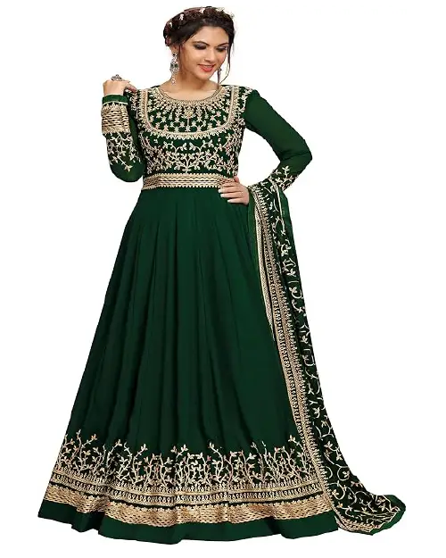 Dark green georgette Anarkali suit with intricate gold embroidery and matching dupatta.