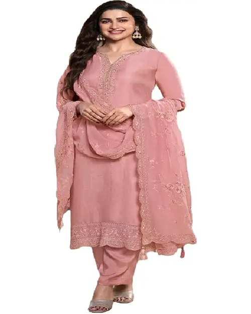 Dusty pink georgette kurta set paired with matching palazzo pants and a heavily embroidered dupatta.