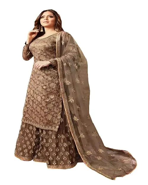 Mocha brown georgette sharara suit adorned with all-over intricate gold embroidery and a sheer dupatta.