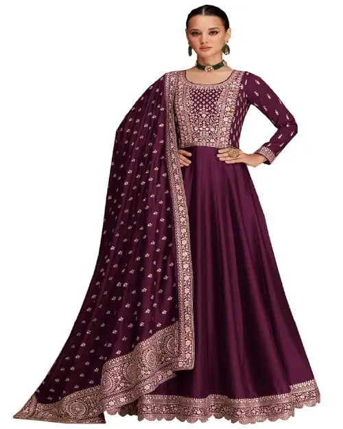 Deep plum georgette Anarkali gown featuring detailed yoke embroidery and a rich bordered dupatta.