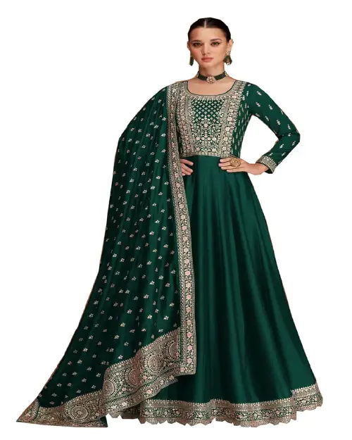 Emerald green georgette Anarkali suit accented with heavy traditional embroidery and a sheer dupatta.
