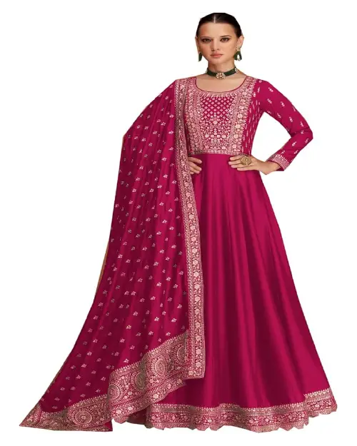 Magenta georgette Anarkali gown featuring ornate embroidery on the bodice and a matching dupatta.
