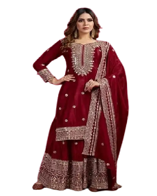 Maroon georgette sharara suit with detailed gold neckline embroidery and a heavy bordered dupatta.