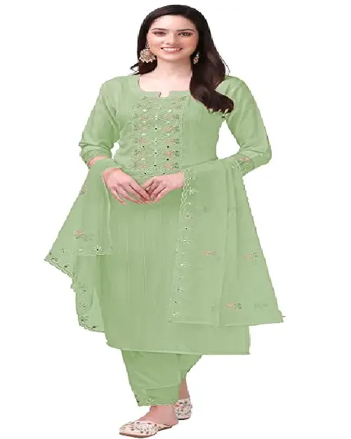Mint green georgette straight kurta set featuring delicate mirror and thread work, paired with matching pants and a sheer dupatta.