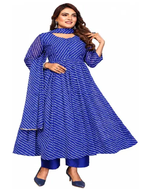 Royal blue georgette Anarkali gown featuring an all-over white striped pattern, a high-neck band, and a matching dupatta.