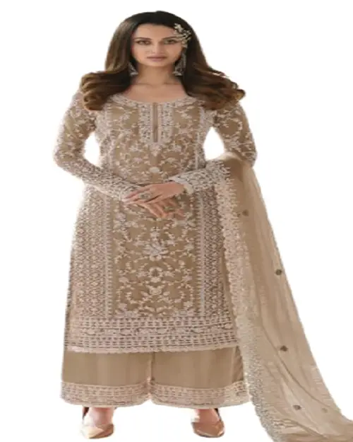 Beige georgette palazzo suit set heavily detailed with intricate gold embroidery and a matching sheer dupatta.
