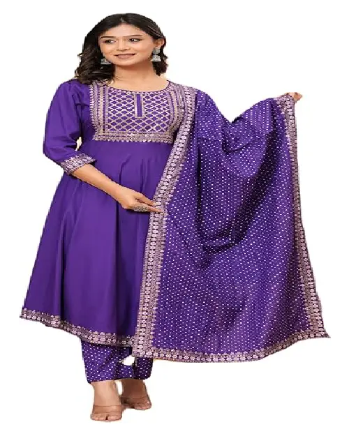 Deep violet georgette Anarkali suit featuring ornate yoke embroidery and a polka-dot patterned matching dupatta.