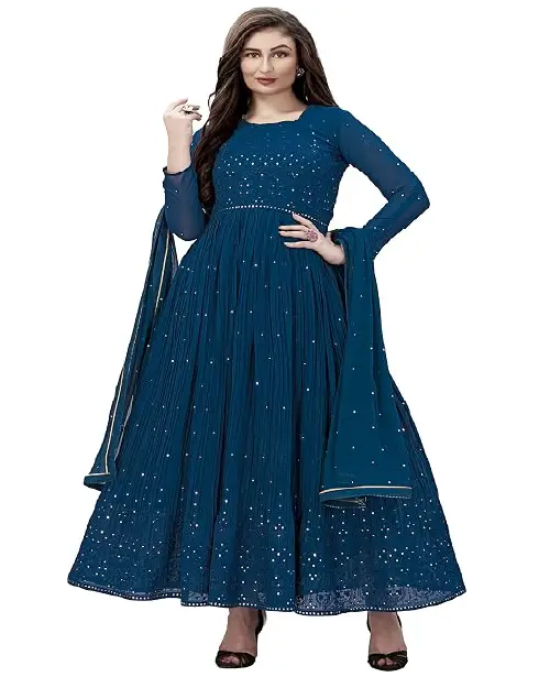 Deep ocean blue georgette Anarkali gown featuring all-over fine silver embroidery and a coordinated sheer dupatta.