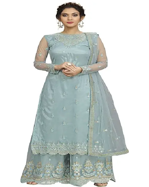 Steel blue georgette sharara suit featuring intricate silver embroidery along the neckline, hem, and a matching sheer dupatta.