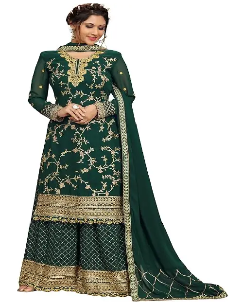 Dark green georgette sharara suit featuring detailed gold embroidery and a patterned sharara bottom.