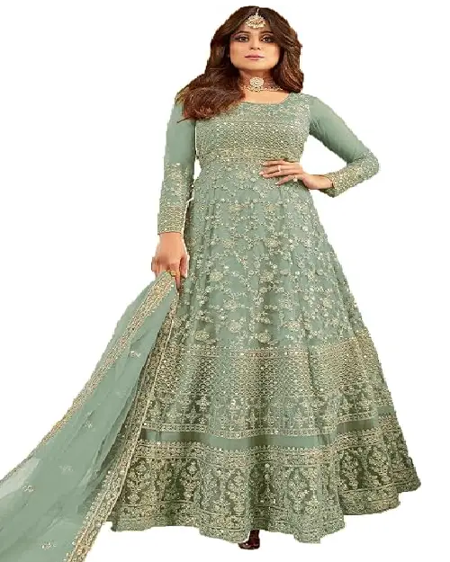 Mint green georgette Anarkali gown richly detailed with all-over traditional embroidery and a sheer matching dupatta.