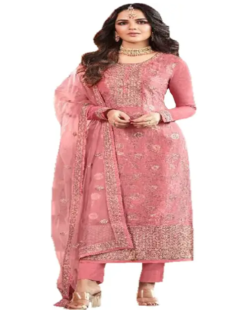 Dusty rose pink georgette straight kurta set featuring detailed yoke embroidery, matching trousers, and an embroidered sheer dupatta.