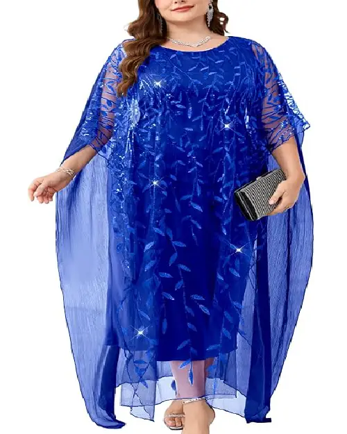 Vibrant royal blue plus size georgette caftan dress styled with a shimmering sheer cape overlay featuring leaf embroidery and a clutch.
