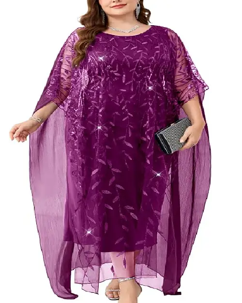 Rich plum purple plus size georgette caftan dress featuring a sheer cape overlay with shimmering leaf embroidery and a matching clutch.