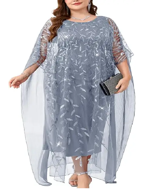 Steel grey plus size georgette caftan dress featuring a flowing sheer cape overlay with glittering leaf embroidery and a matching clutch.