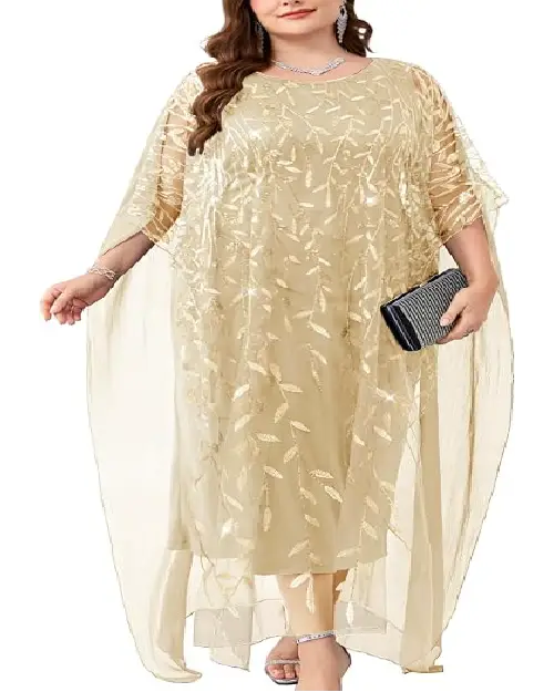 Champagne gold georgette kaftan-style party dress adorned with shimmering leaf pattern embroidery and sheer cape sleeves.