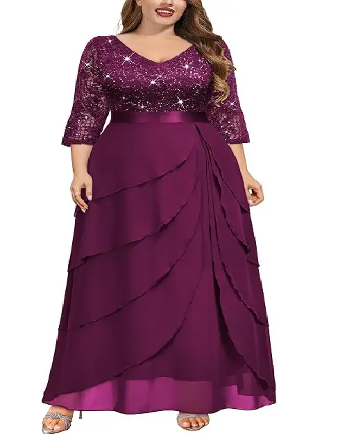 Dark violet tiered georgette long dress featuring a shimmering sequined bodice and a satin waistband.