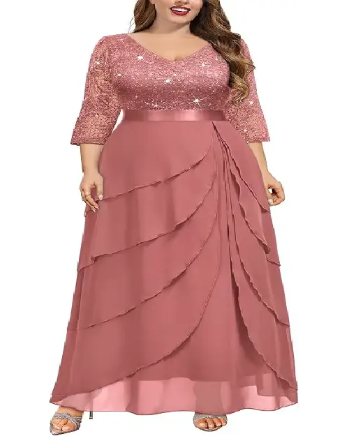 Dusty rose pink tiered georgette long dress featuring a sparkling sequined bodice and a matching satin waistband.