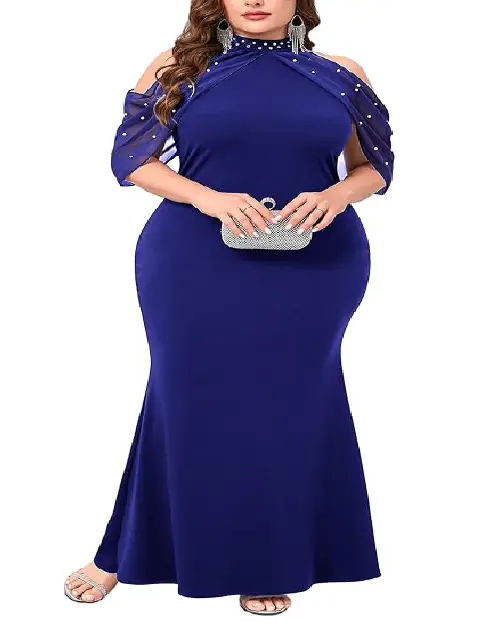 Royal blue mermaid-cut evening gown with cold-shoulder sheer sleeves embellished with delicate white pearls and beads.
