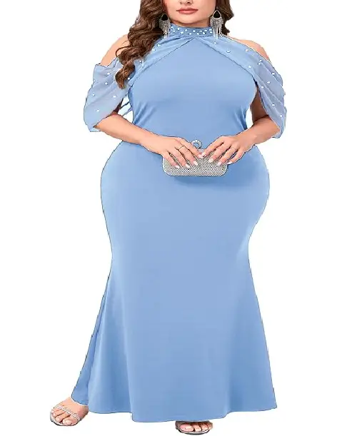 Light sky blue mermaid-cut evening gown featuring cold-shoulder sheer sleeves decorated with white pearls and beadwork.