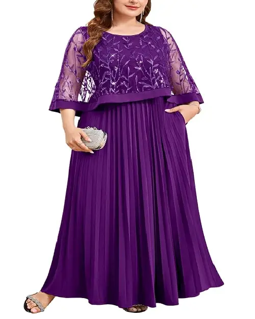 Rich purple georgette maxi dress featuring a shimmering leaf-patterned overlay bodice and a flowing pleated skirt.