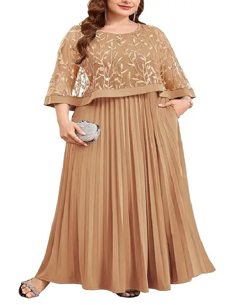 Warm beige georgette maxi dress styled with a shimmering leaf-embroidered sheer overlay and a pleated skirt.