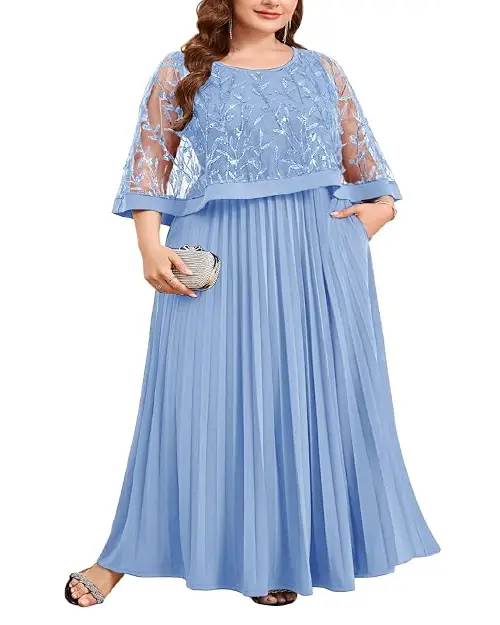 Soft cornflower blue georgette maxi dress featuring a glittering leaf-embroidered overlay bodice and a pleated skirt.Soft cornflower blue georgette maxi dress featuring a glittering leaf-embroidered overlay bodice and a pleated skirt.