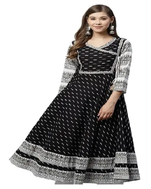 Black and white printed georgette Anarkali gown featuring an overlapping wrap bodice and patterned border hem.