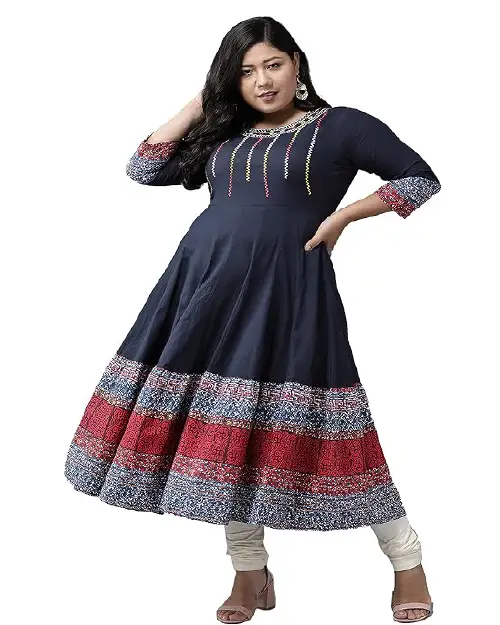 Dark navy blue plus size georgette Anarkali gown with multicolored ethnic panel prints on the hem and subtle yoke embroidery.