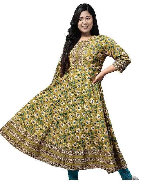 Olive green plus size georgette Anarkali gown covered in all-over floral prints and intricate border accents.