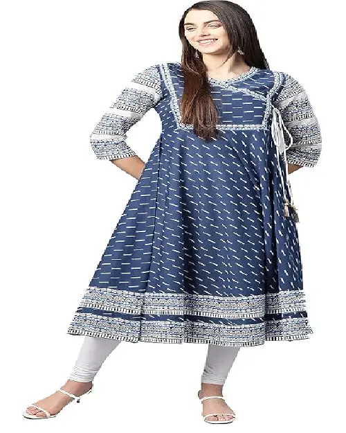 Deep royal blue printed georgette Anarkali gown featuring an overlapping wrap bodice and matching white patterned borders.
