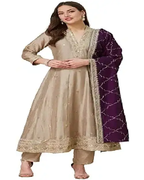 Muted taupe georgette Anarkali gown featuring delicate neckline embroidery and a rich deep purple sheer dupatta.