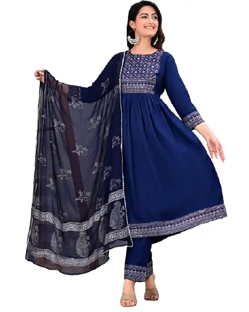 Deep blue georgette Anarkali gown styled with a printed yoke, patterned hem, and a matching printed sheer dupatta.