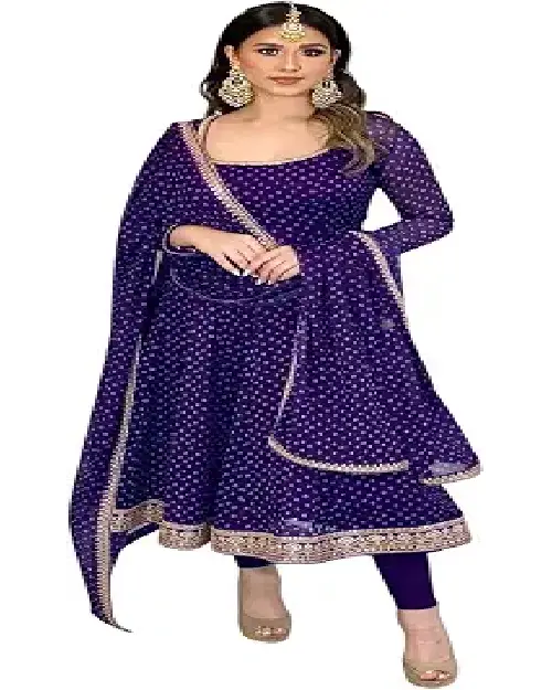 Royal purple georgette Anarkali gown covered in all-over tiny dot prints and a matching sheer dupatta with decorated borders.