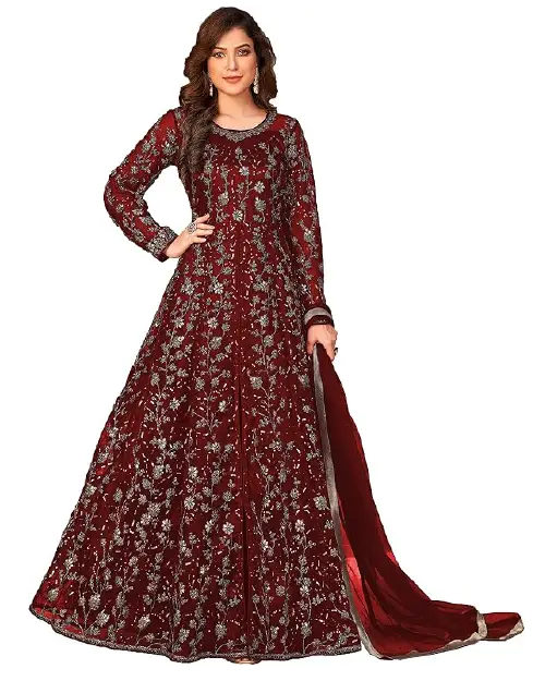 Deep maroon georgette Anarkali suit covered in all-over silver floral embroidery and a matching dupatta.