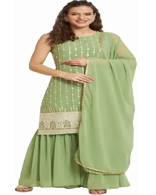 Sage green georgette straight kurta paired with matching palazzo pants and a sheer dupatta featuring ornate embroidered borders.
