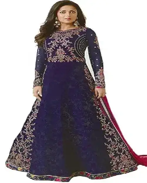 Dark violet georgette Anarkali gown covered in dense silver and gold embroidery with a contrasting pink sheer dupatta.