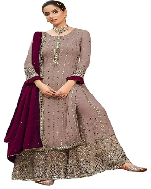 Taupe georgette sharara set featuring all-over mirror work embroidery, a matching flared bottom, and a rich purple dupatta.