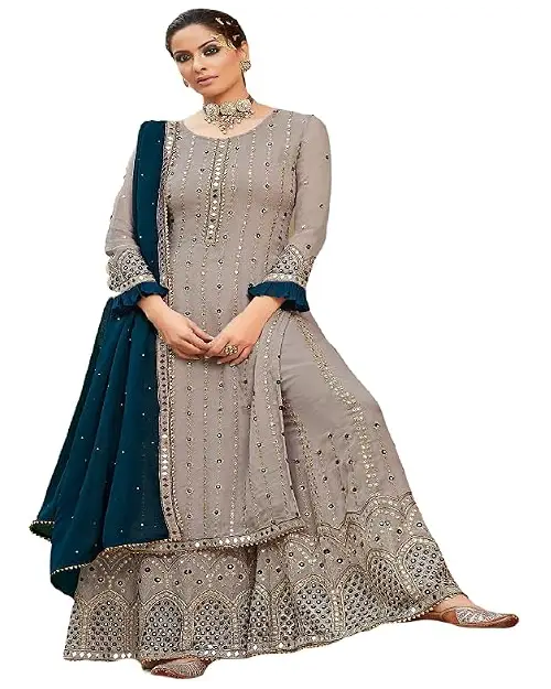 Light taupe georgette sharara set featuring delicate mirror-work embroidery, a flared bottom, and a deep teal green dupatta.