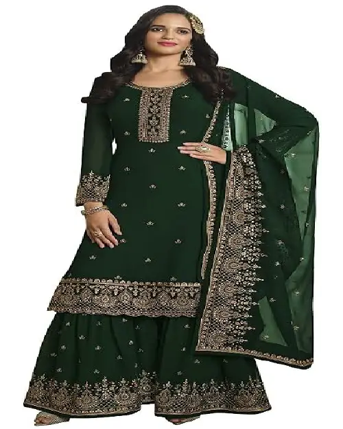 Light taupe georgette sharara set featuring delicate mirror-work embroidery, a flared bottom, and a deep teal green dupatta.