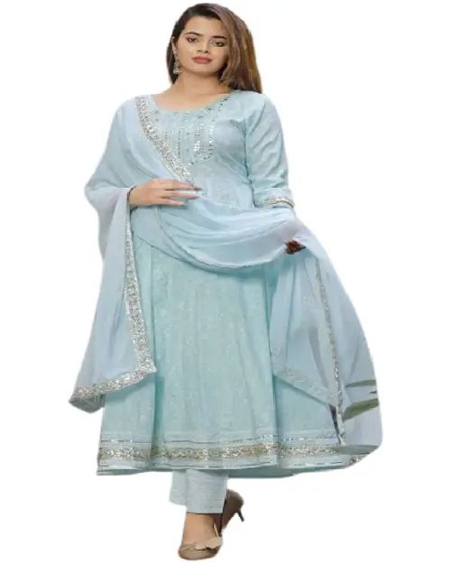 Light sky blue georgette Anarkali suit featuring subtle silver thread work and a matching embroidered dupatta.