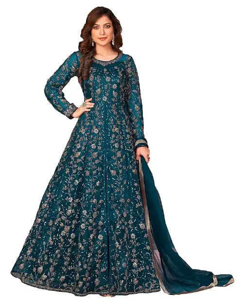 Teal green georgette front-slit Anarkali suit featuring detailed silver embroidery and a matching dupatta.