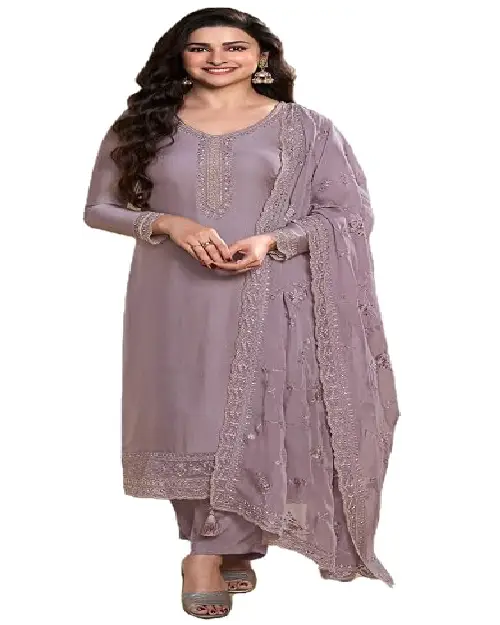 Dusty mauve georgette sharara suit featuring fine yoke embroidery, a scalloped border, and a matching sheer dupatta.