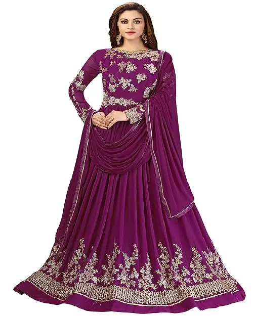 Deep magenta georgette Anarkali suit featuring dense floral embroidery on the bodice, sleeves, and hemline, with a matching sheer dupatta.