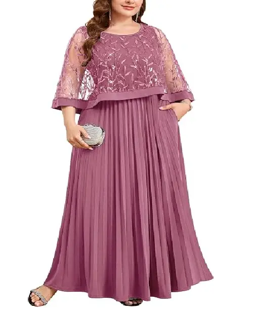 Dusty mauve plus-size maxi dress with sheer embroidered overlay and pleated lower skirt.