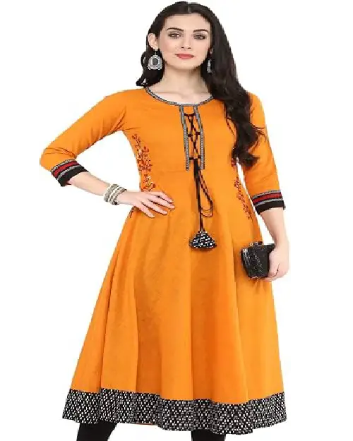 Mustard yellow Anarkali kurti featuring traditional front lace detailing, tassels, and patterned hem.