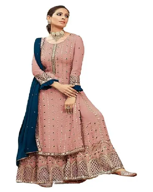 Dusty pink heavily embroidered Sharara suit paired with a contrasting dark blue dupatta.