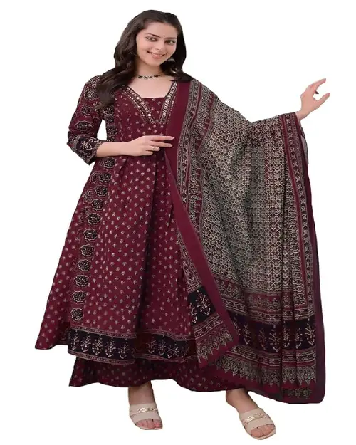 Maroon printed long Anarkali kurti paired with matching palazzo pants and patterned dupatta.
