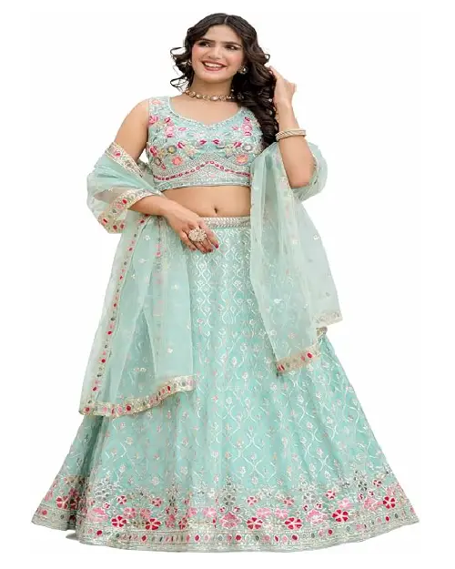 Mint green lehenga choli set with intricate floral embroidery and a lightweight sheer dupatta.